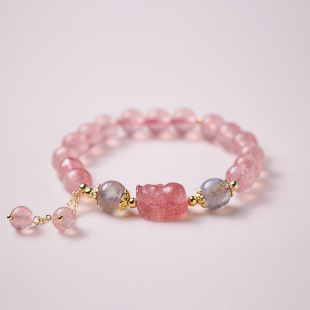 Strawberry Quartz Fox Charm Bracelet