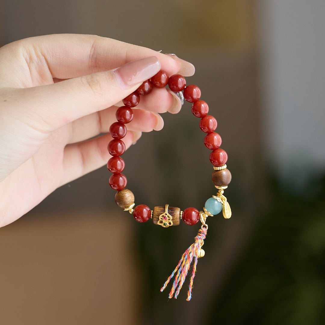 Cinnabar, Red Agate & Wood Beaded Bracelet