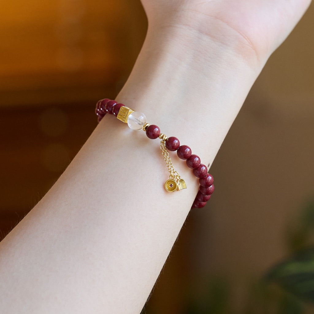 Cinnabar & White Crystal Ruyi Lock Bracelet