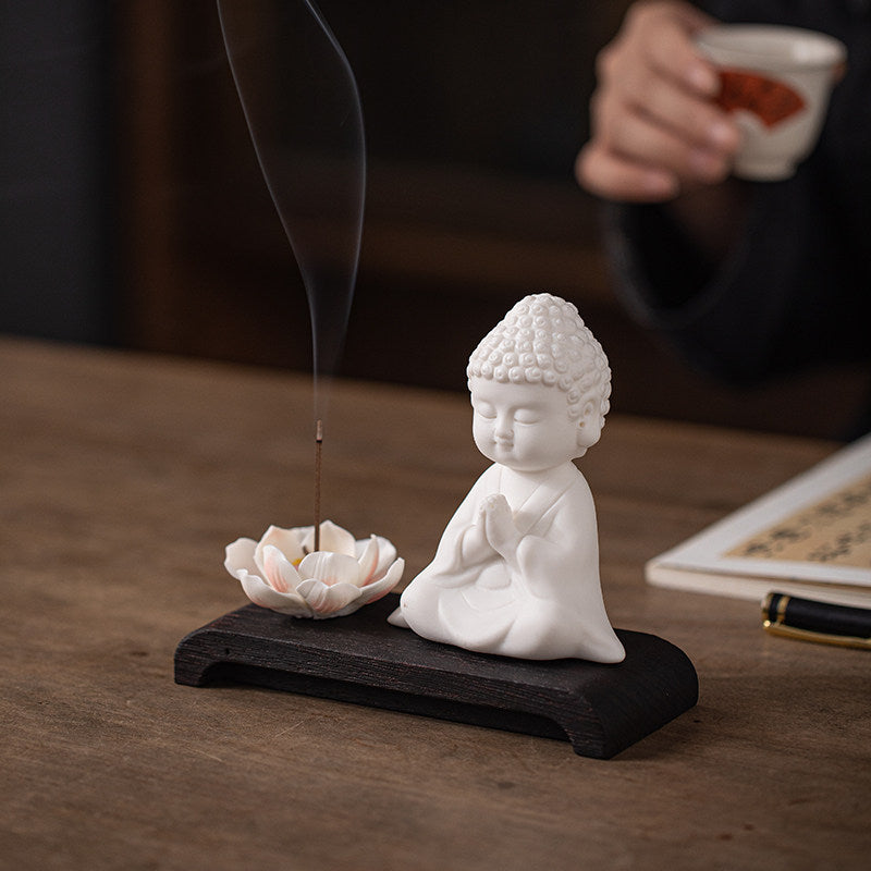 Zen Little Buddha White Porcelain Incense Set