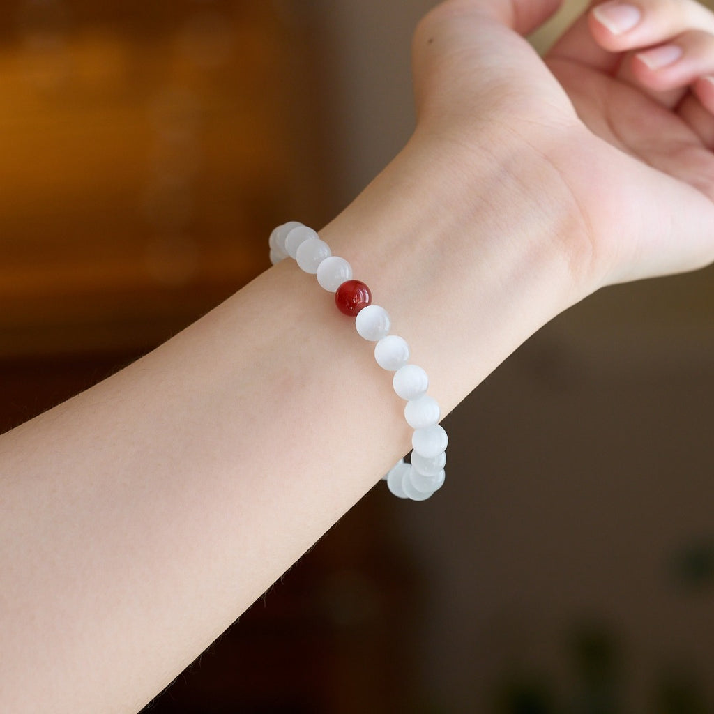 White Cat Eye & Red Agate Bracelet