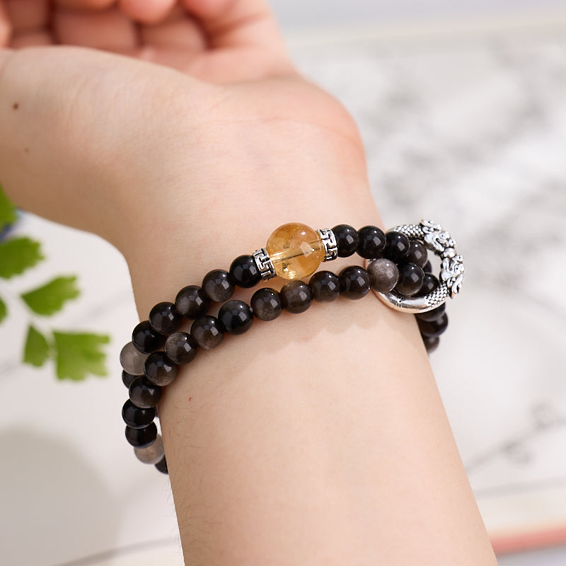 Silver Obsidian & Citrine Double Loop Bracelet