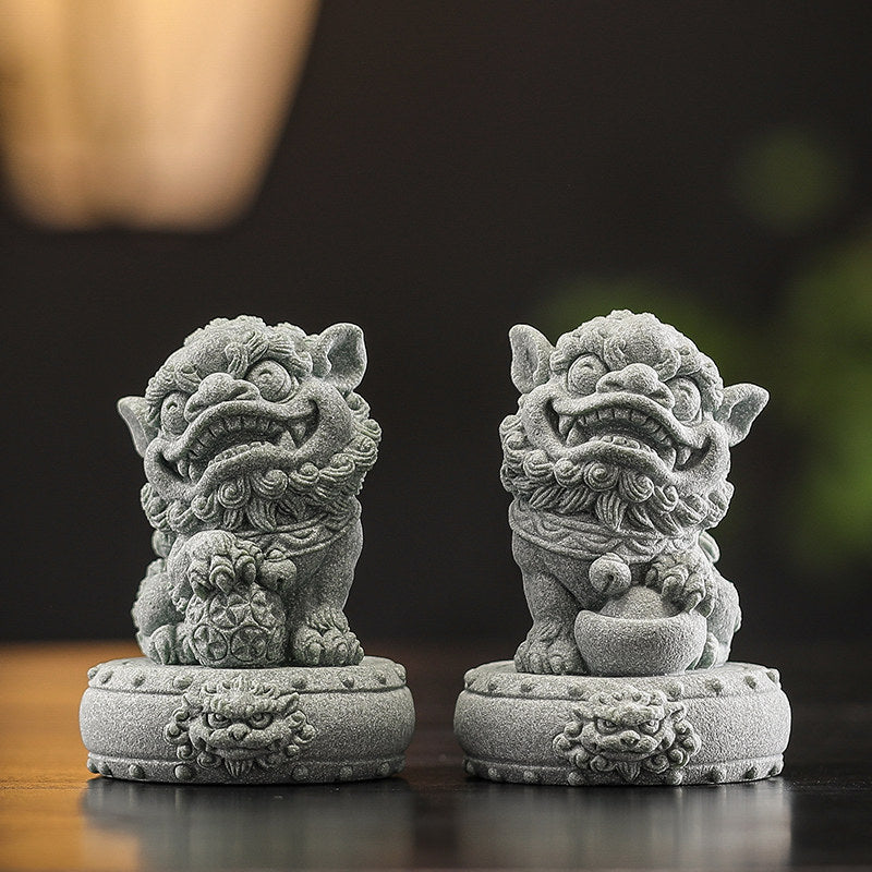 Joyful Green Sandstone Tang Guardian Lions