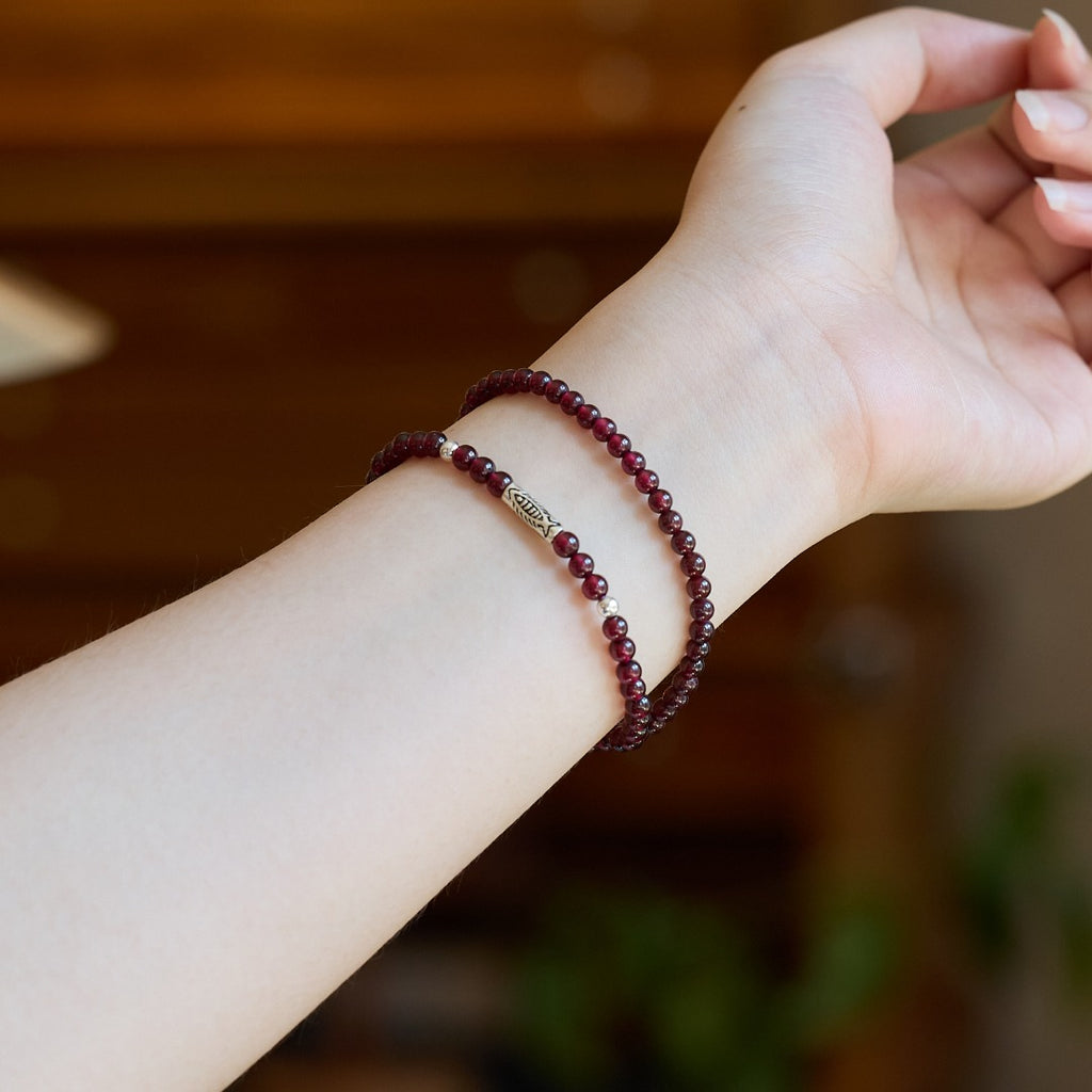Wine Red Garnet Silver Wrap Bracelet
