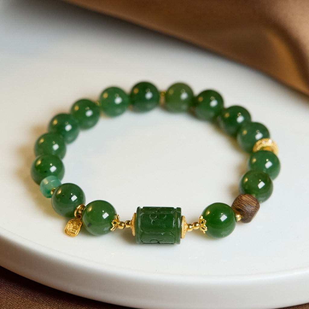 Spinach Green Hetian Jasper & Wood Bracelet