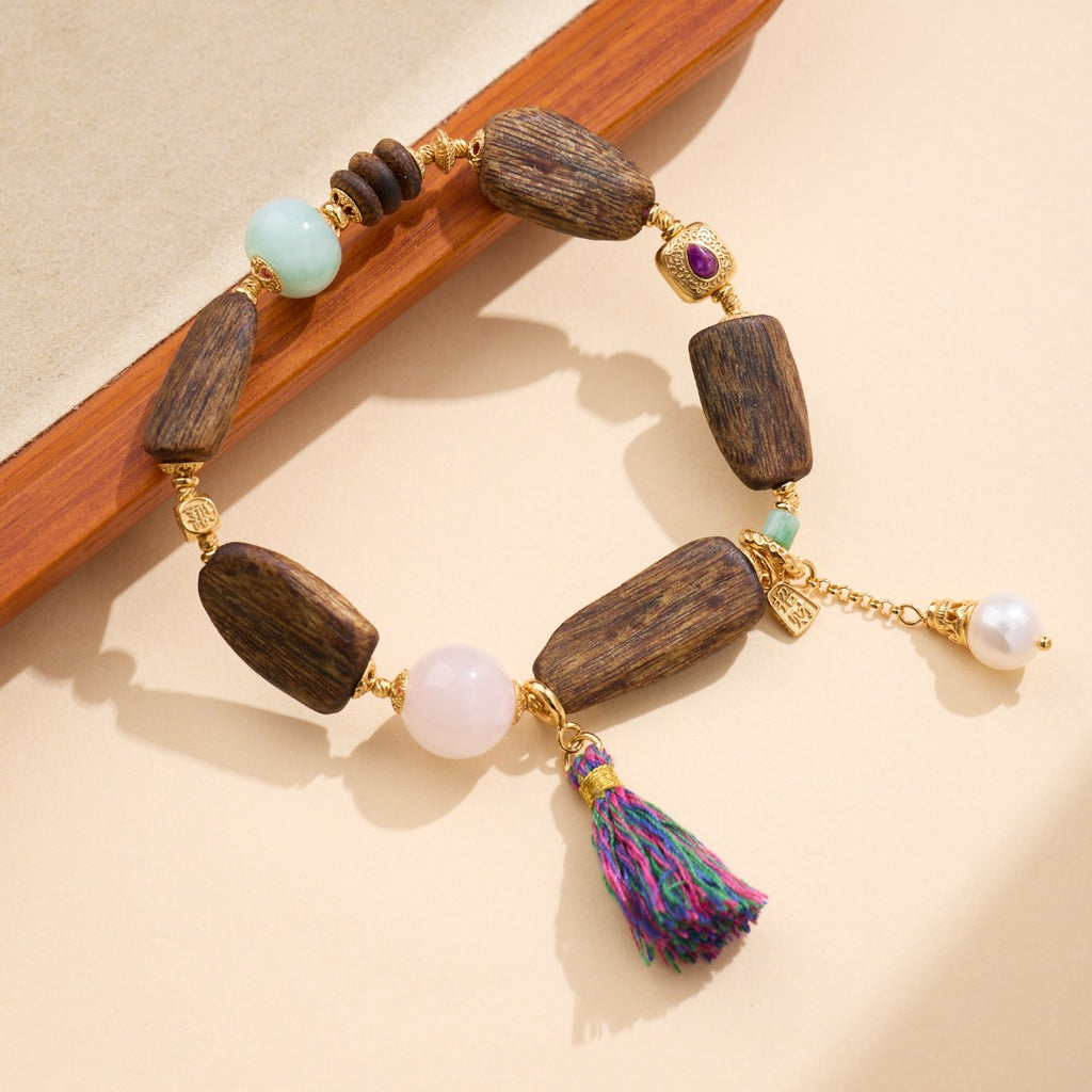 Agarwood, Jade & Rose Quartz Tassel Bracelet