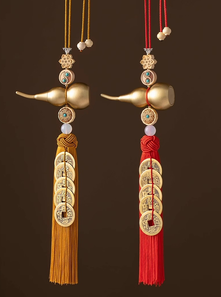 Brass Gourd & Five Emperor Coins Hanging Ornament