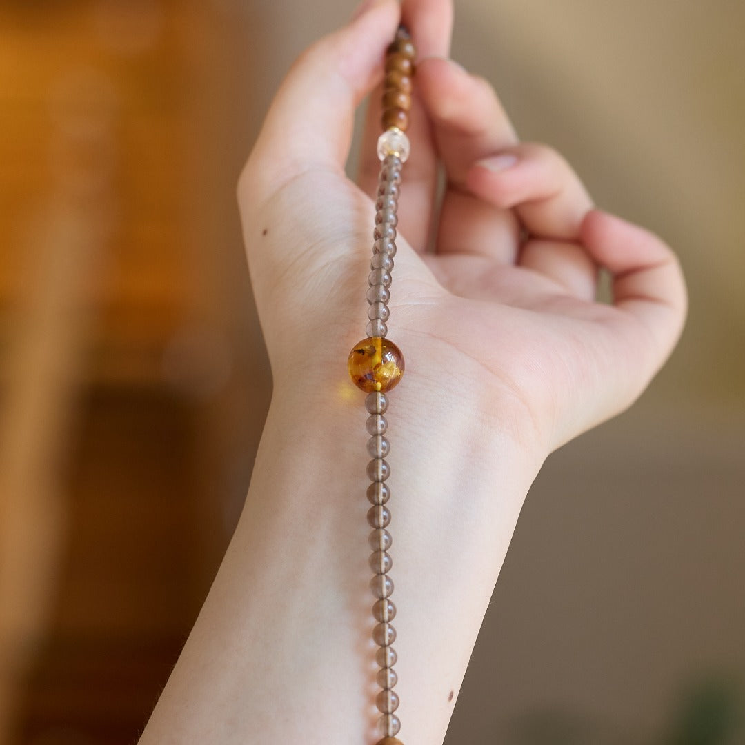 Smoky Quartz & Agarwood Beaded Wrap Bracelet
