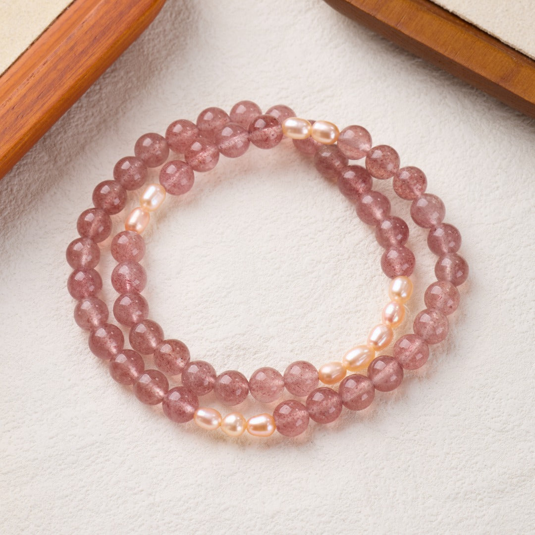Strawberry Quartz & Pearl Double Loop Bracelet