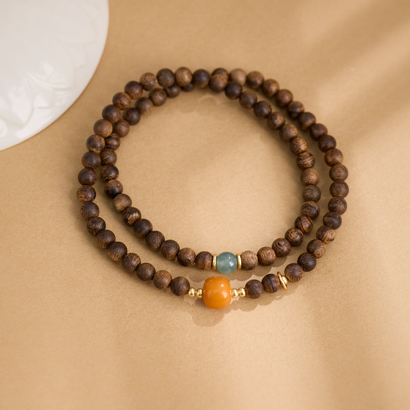 Agarwood & Amber Jade Wrap Bracelet