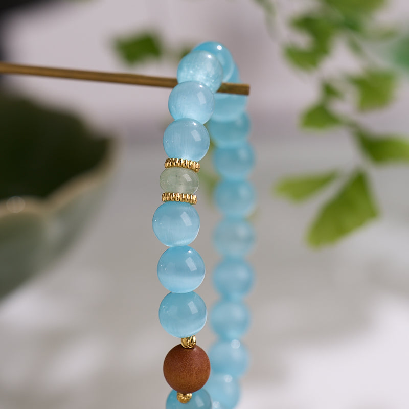 Ice Blue Cat's Eye & Sandalwood Bracelet