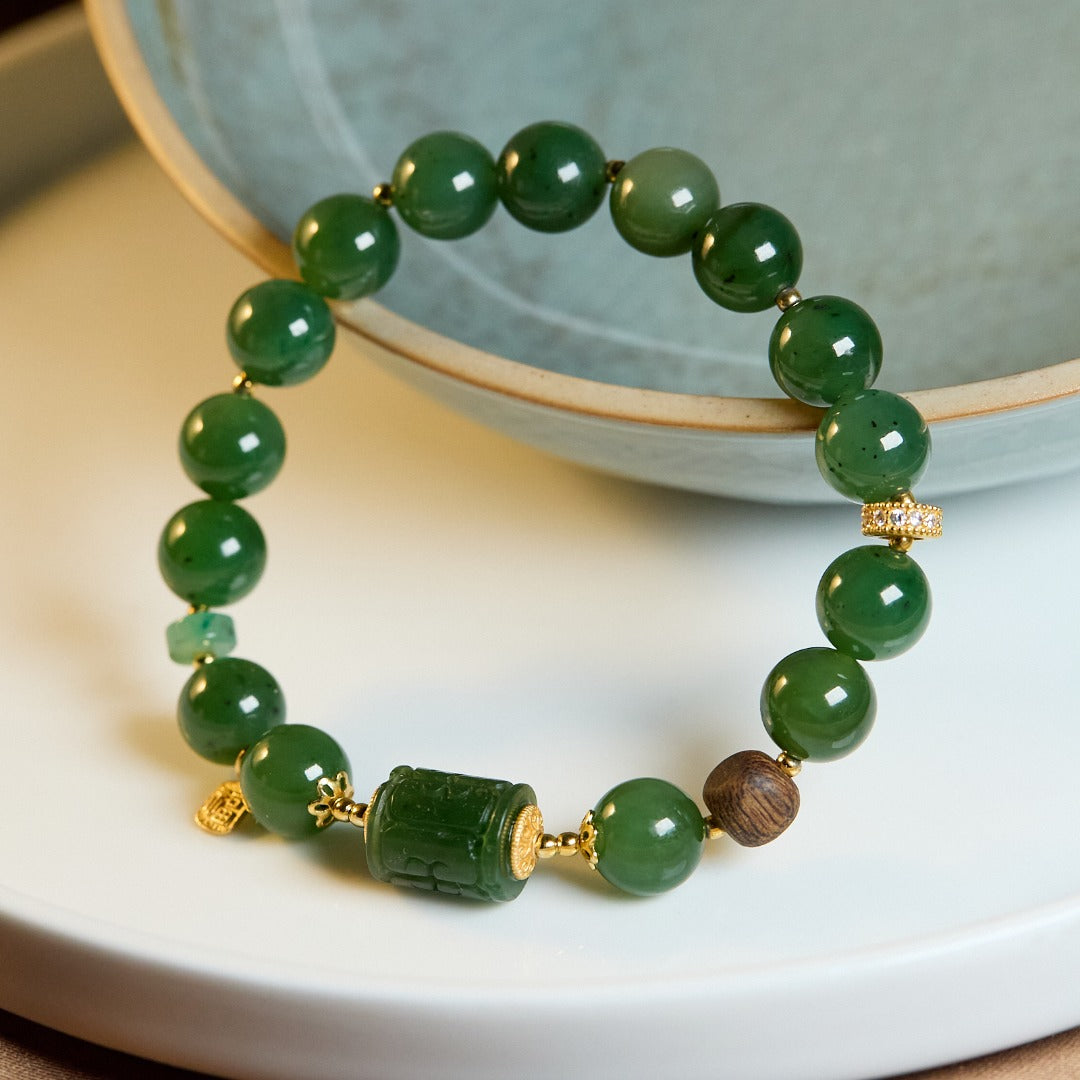Spinach Green Hetian Jasper & Wood Bracelet