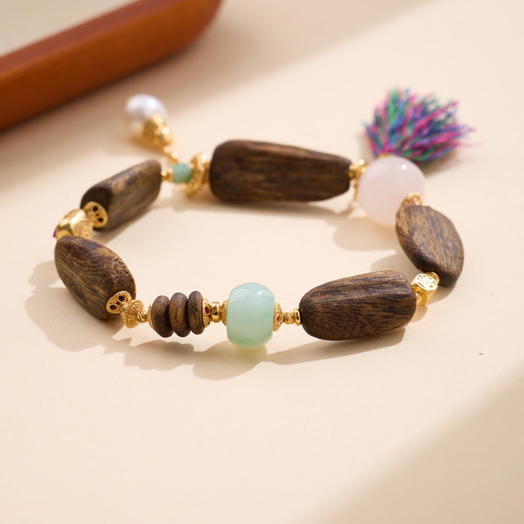 Agarwood, Jade & Rose Quartz Tassel Bracelet