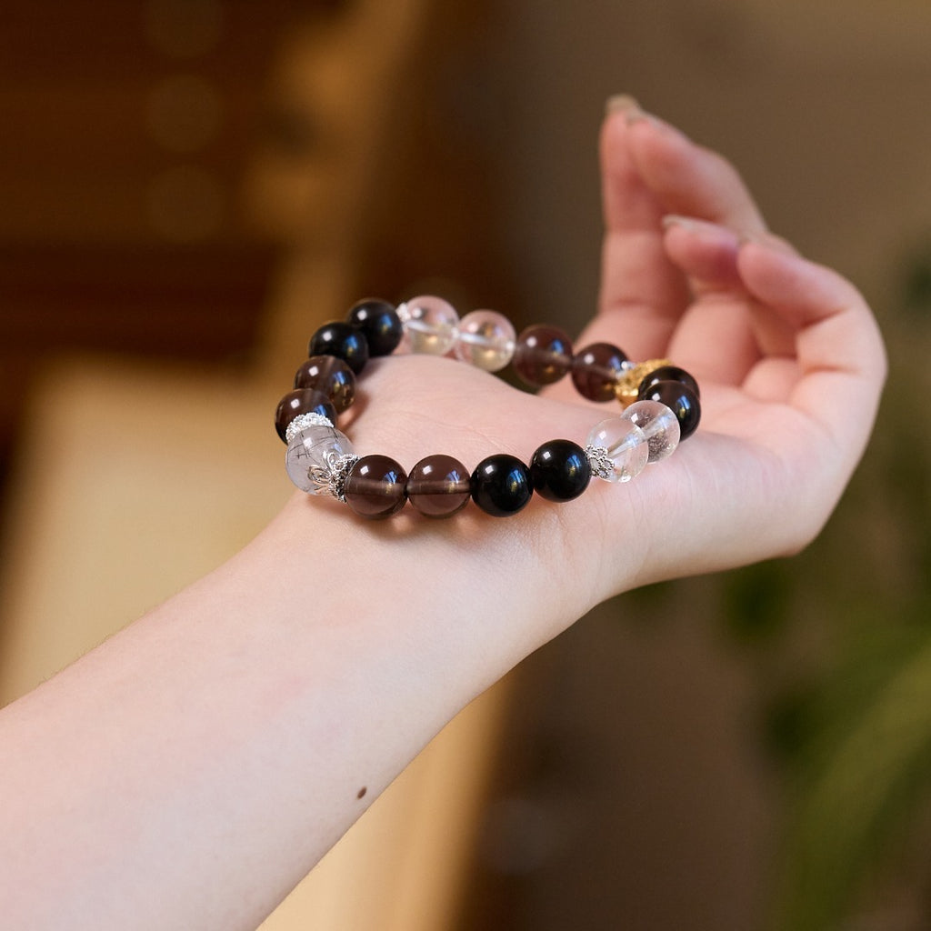 Smoky Quartz & Black Rutile Beaded Bracelet