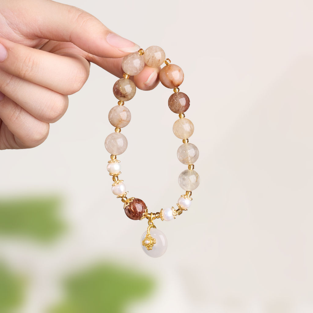 Copper Rutilated Quartz & Pearl Bracelet