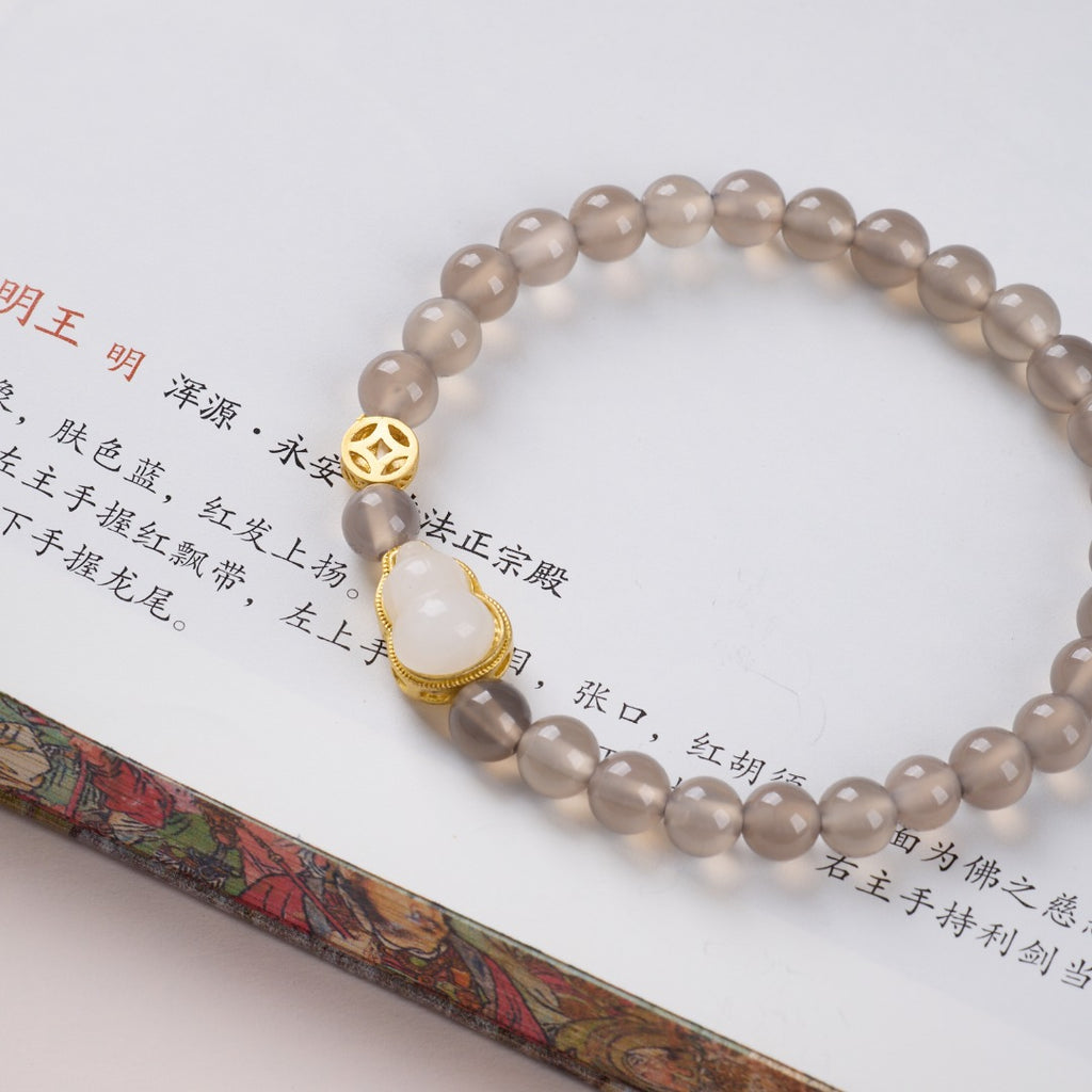 Misty Agate & Gold Inlaid Jade Gourd Bracelet