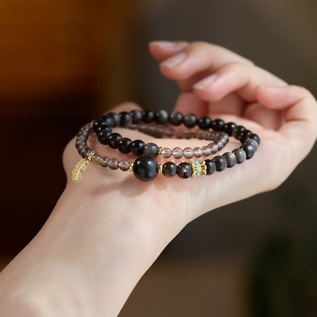Silver Sheen Obsidian & Smoky Quartz Bracelet