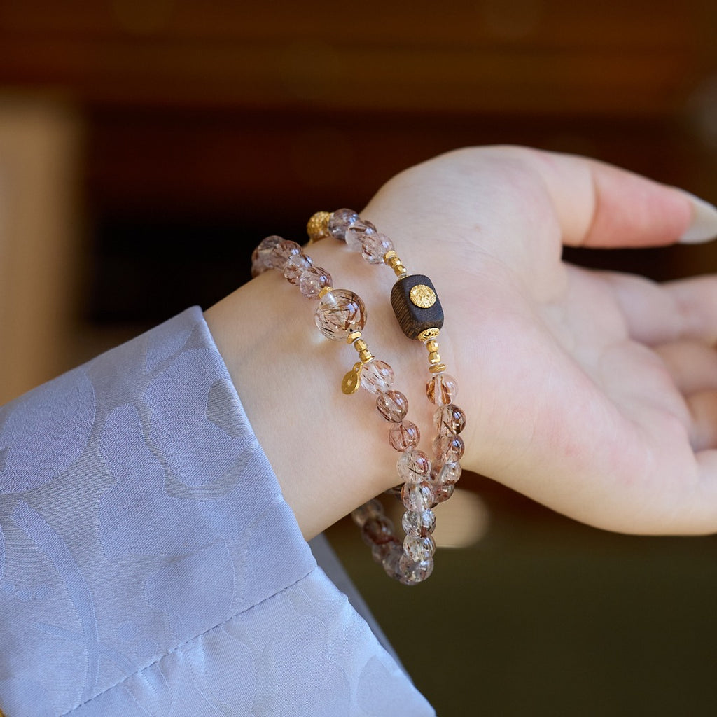Super Seven & Rutilated Quartz Wood Bracelet