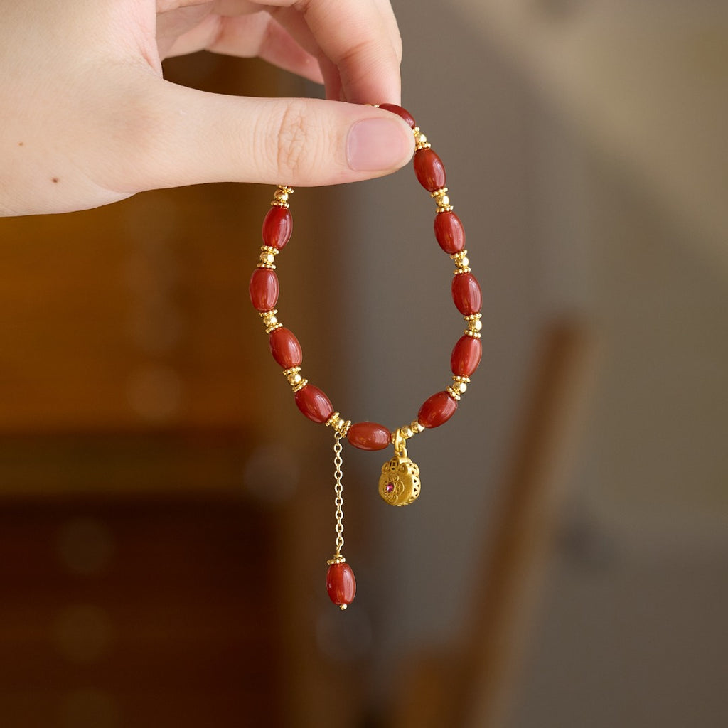 Red Agate & Zircon Lock Charm Bracelet