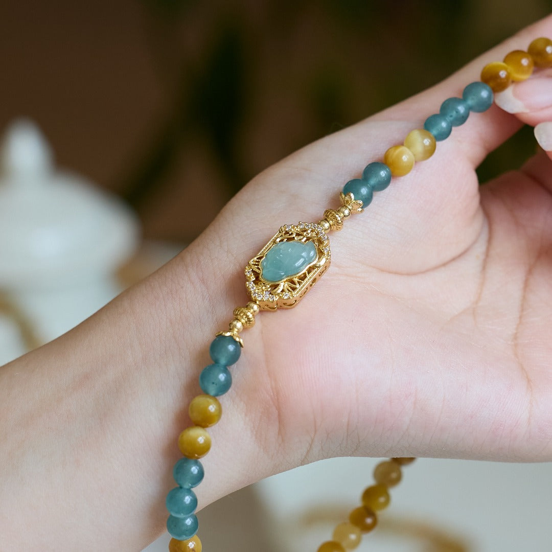 Teal Jade & Tiger Eye Lotus Bracelet