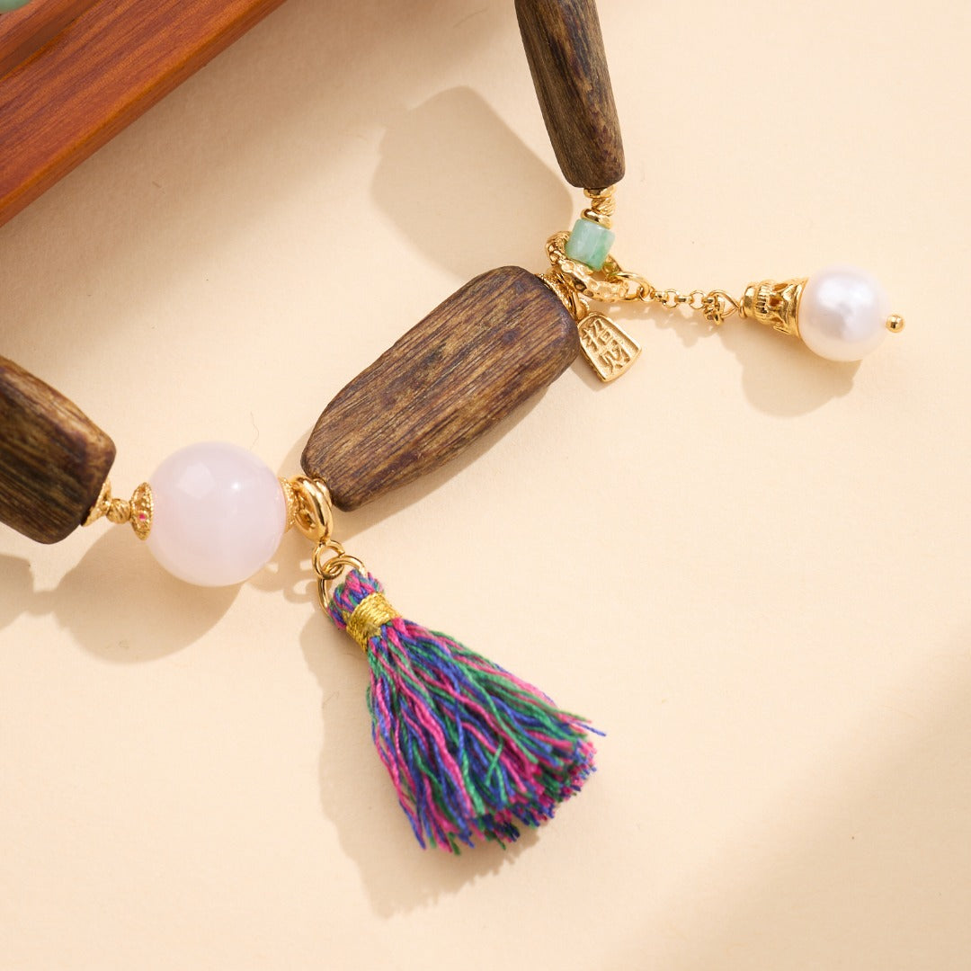 Agarwood, Jade & Rose Quartz Tassel Bracelet