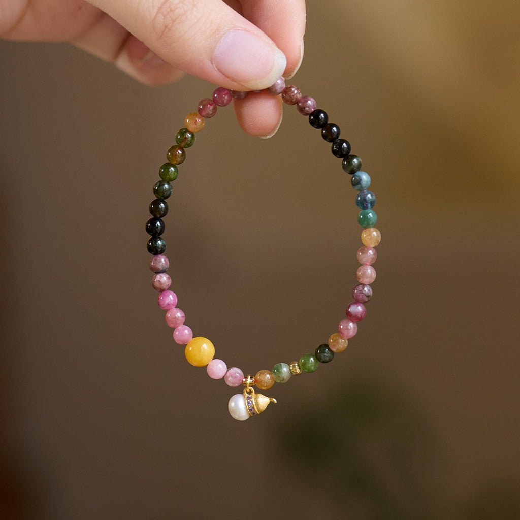 Rainbow Tourmaline & Pearl Charm Bracelet