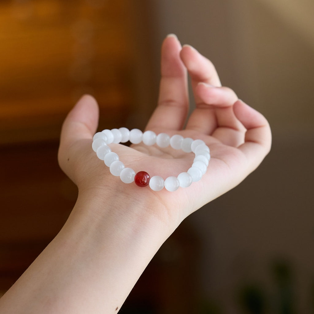 White Cat Eye & Red Agate Bracelet