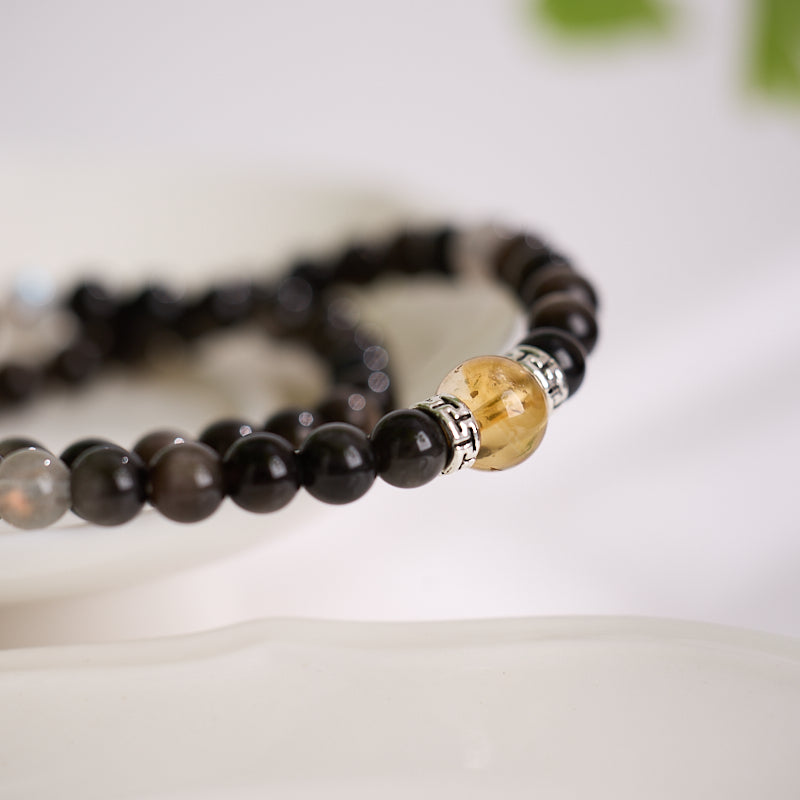 Silver Obsidian & Citrine Double Loop Bracelet