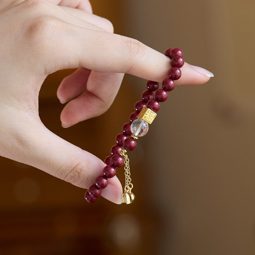 Cinnabar & White Crystal Ruyi Lock Bracelet