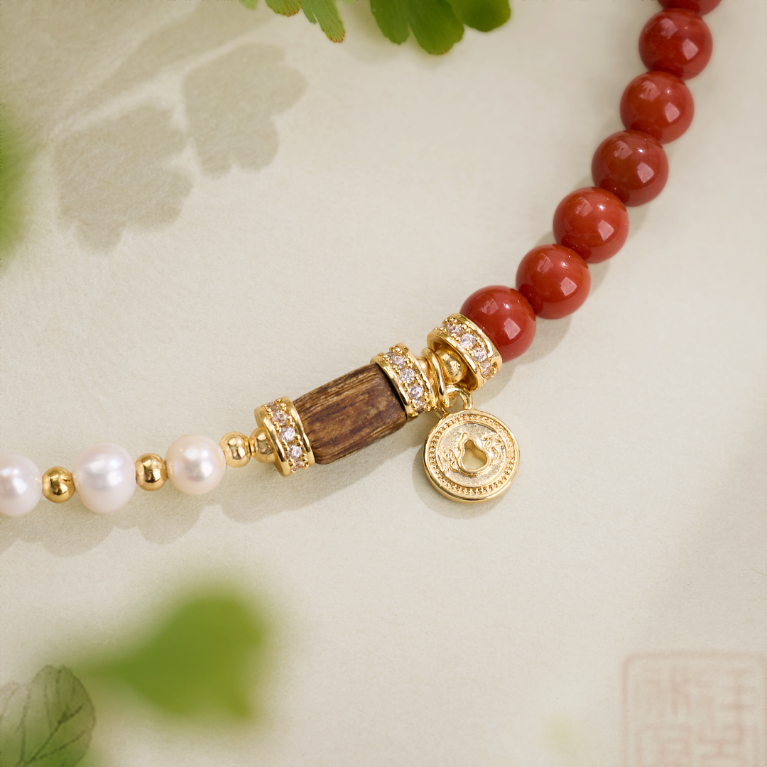 Red Agate, Agarwood & Pearl Bracelet
