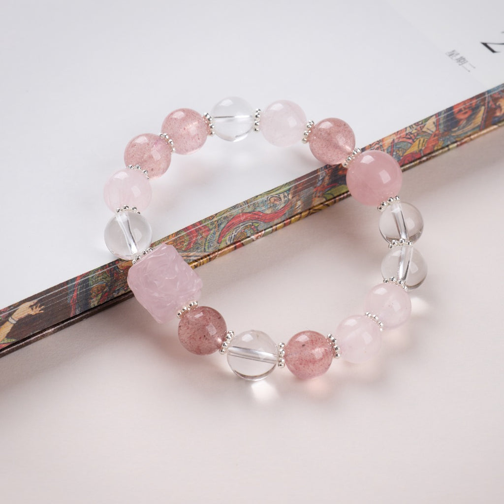 Strawberry Rose Quartz & Silver Bracelet