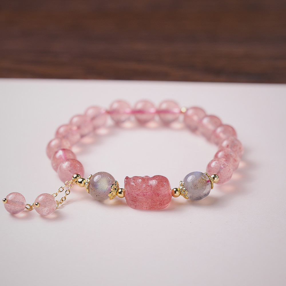 Strawberry Quartz Fox Charm Bracelet