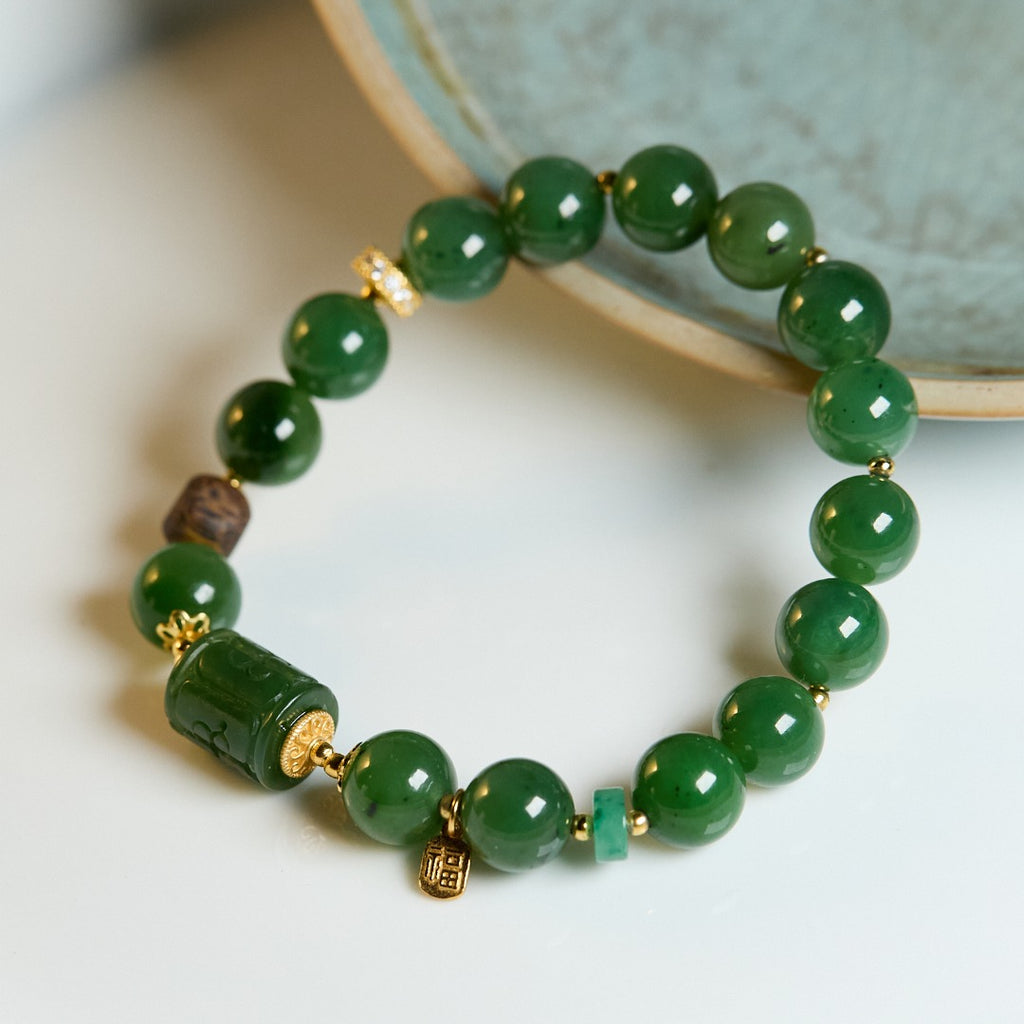 Spinach Green Hetian Jasper & Wood Bracelet