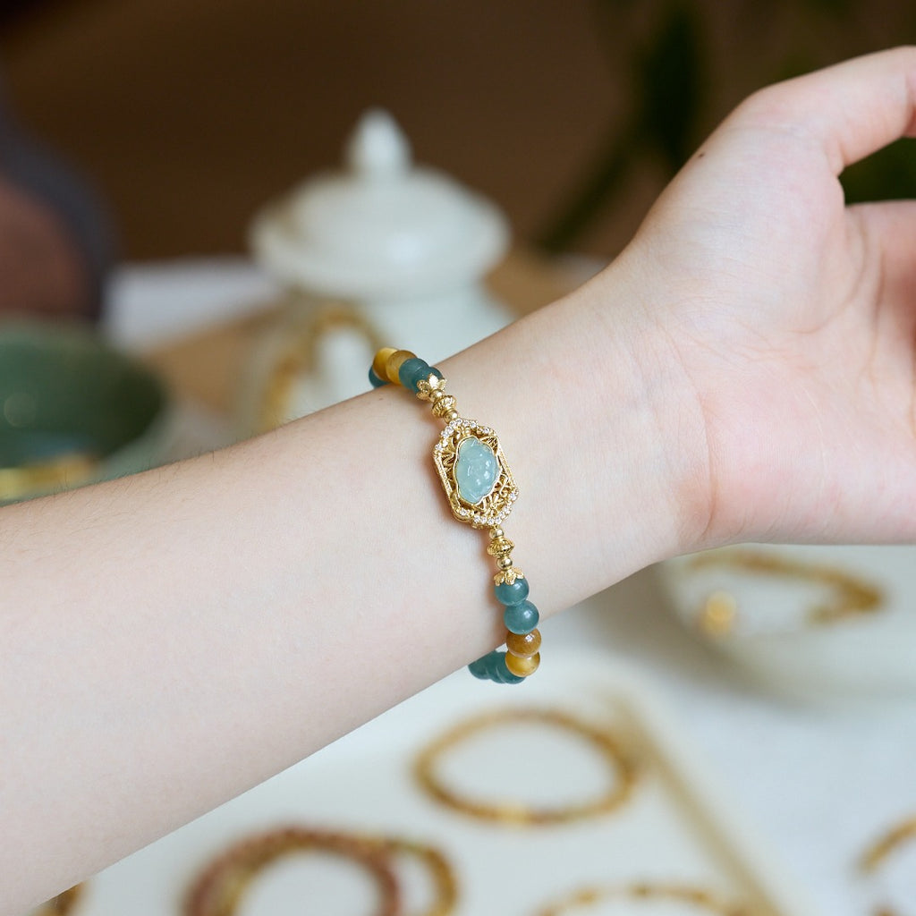 Teal Jade & Tiger Eye Lotus Bracelet