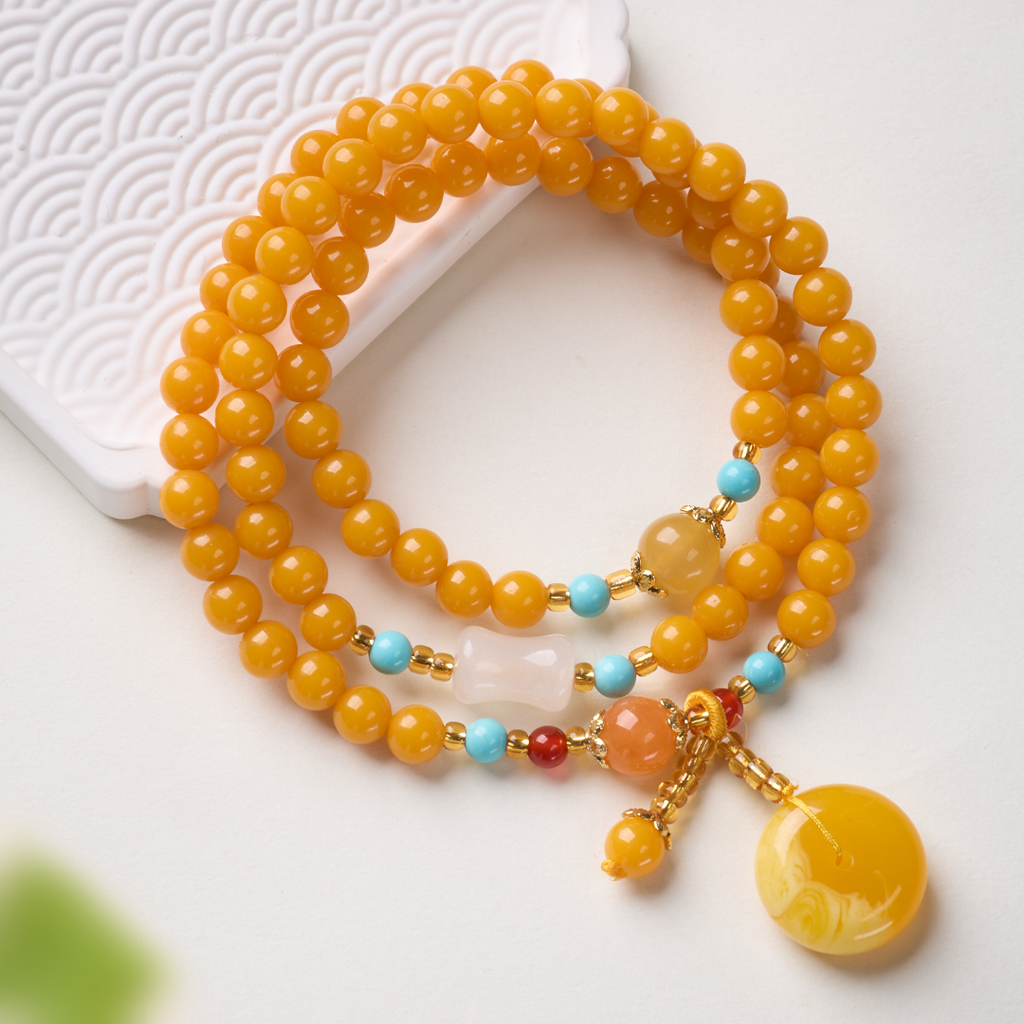 Golden Simulated Amber 108 Bead Wrap Bracelet