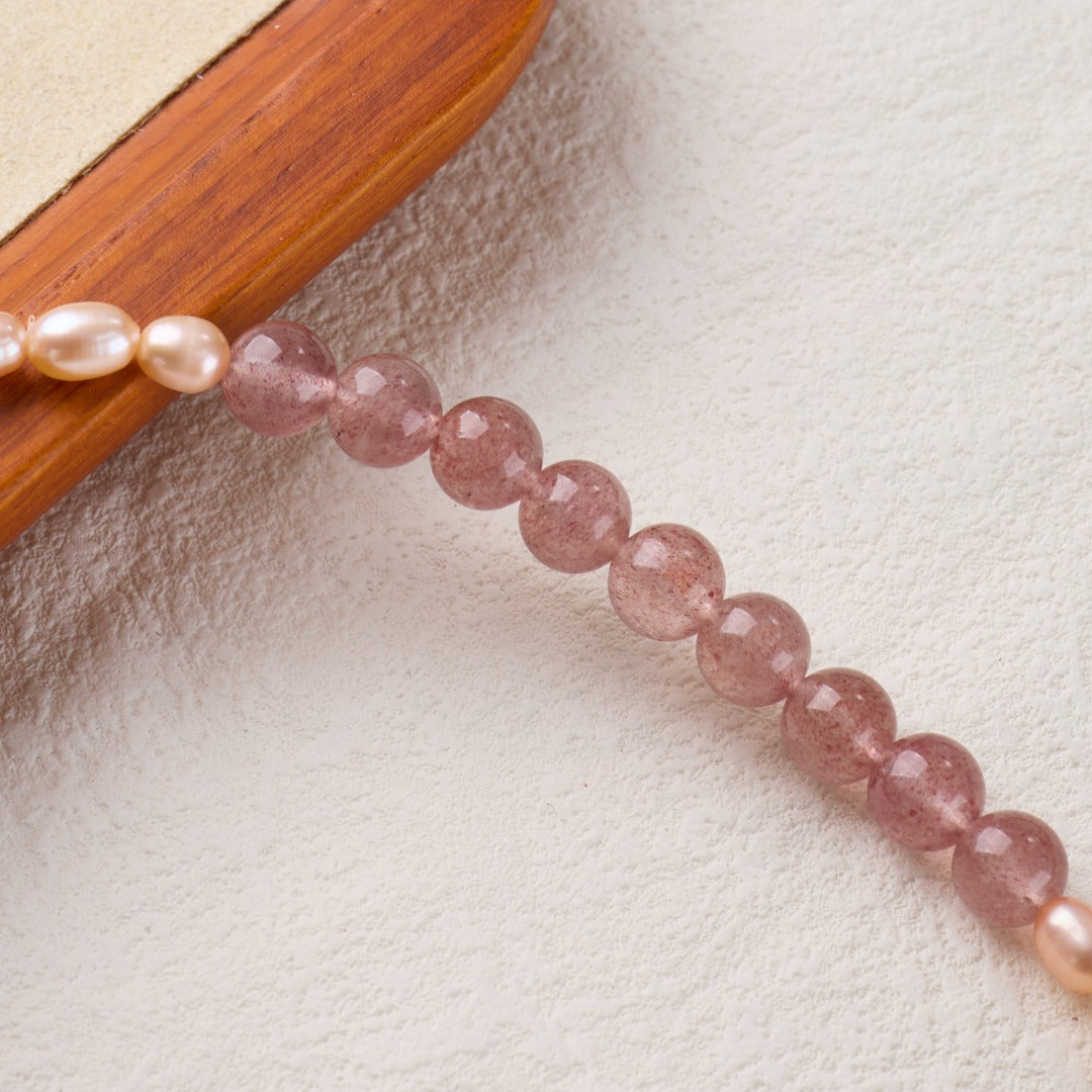 Strawberry Quartz & Pearl Double Loop Bracelet