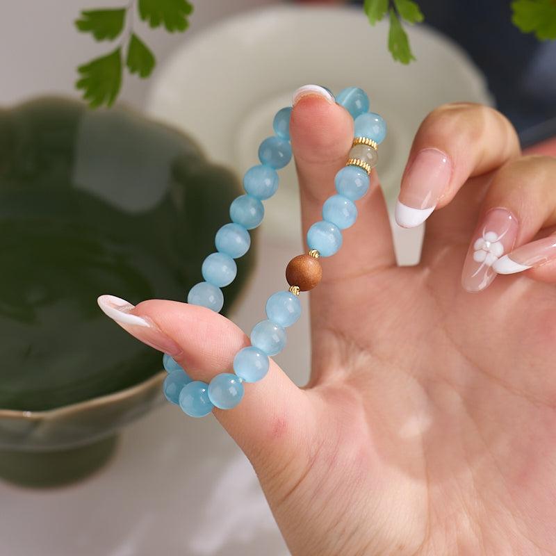 Ice Blue Cat's Eye & Sandalwood Bracelet