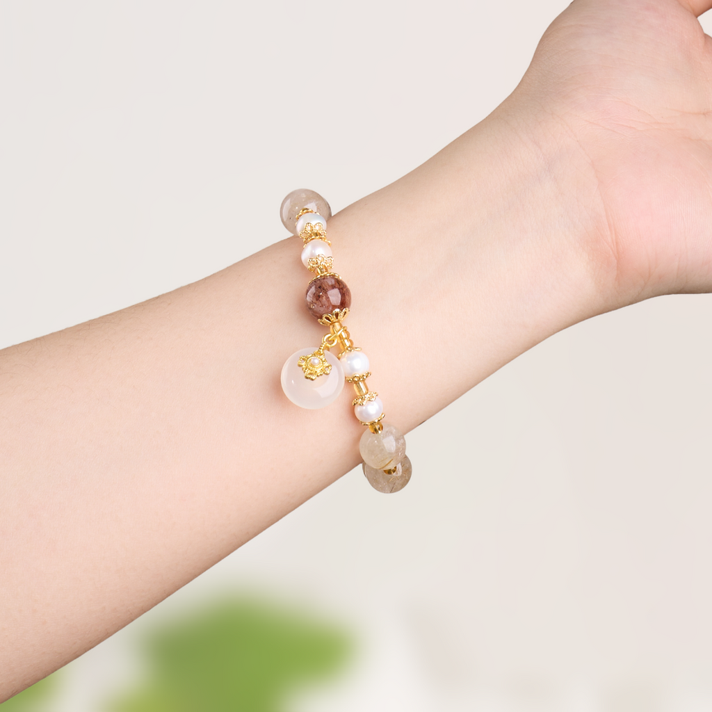 Copper Rutilated Quartz & Pearl Bracelet