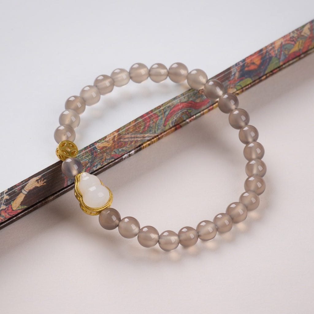Misty Agate & Gold Inlaid Jade Gourd Bracelet