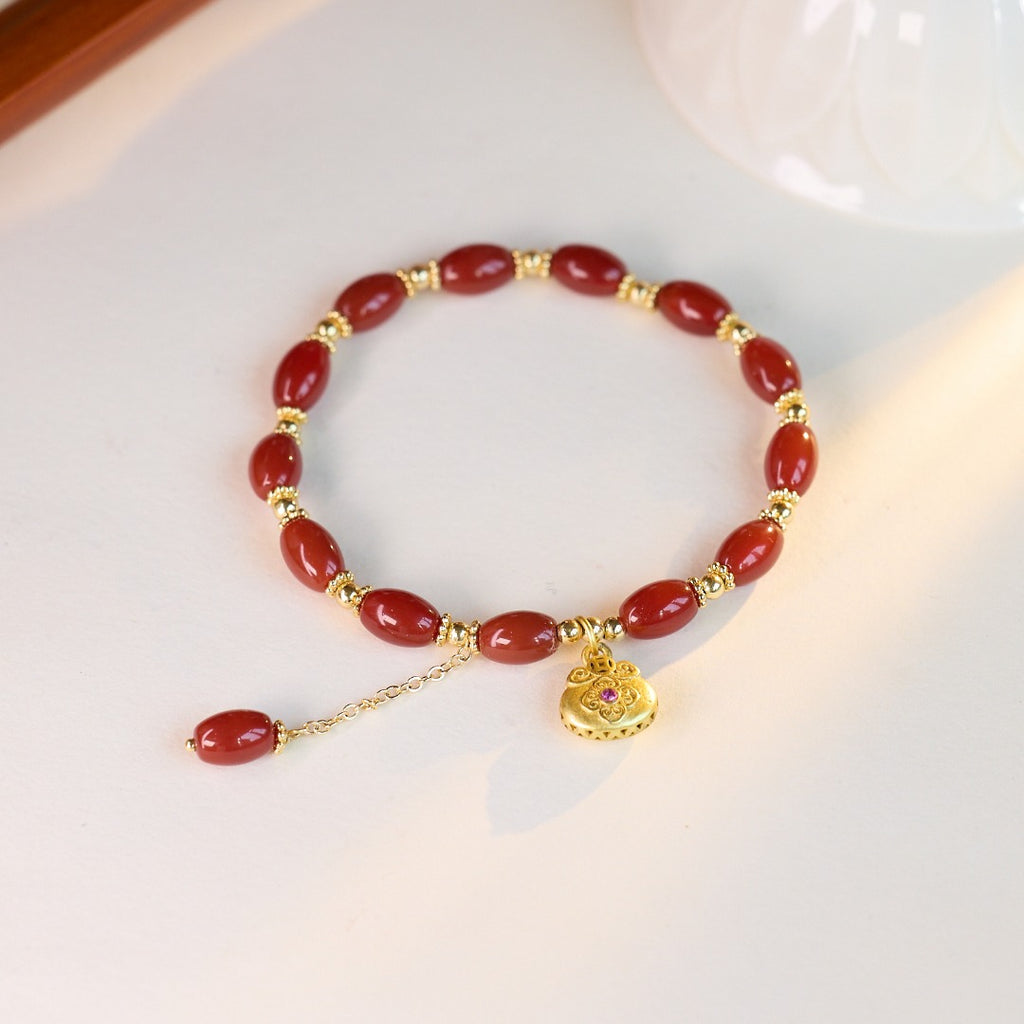 Red Agate & Zircon Lock Charm Bracelet