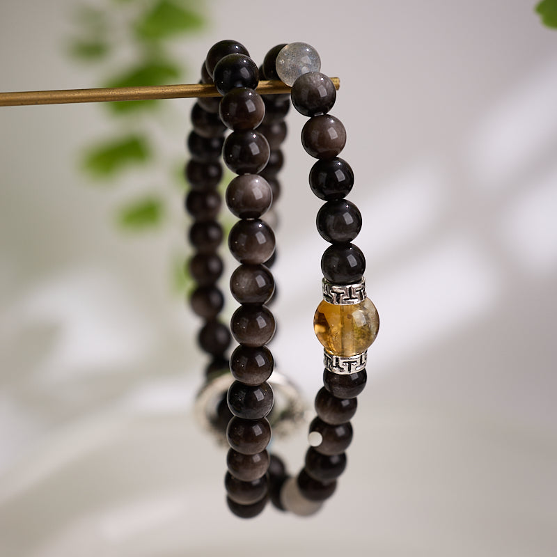 Silver Obsidian & Citrine Double Loop Bracelet