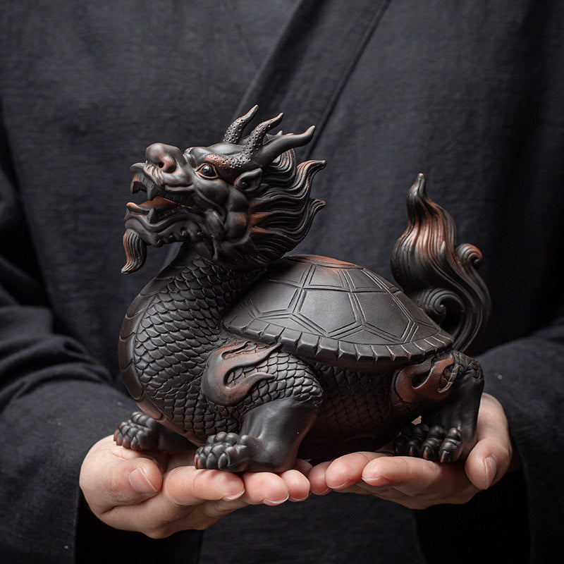 Obsidian Black Pottery Dragon Turtle Guardian
