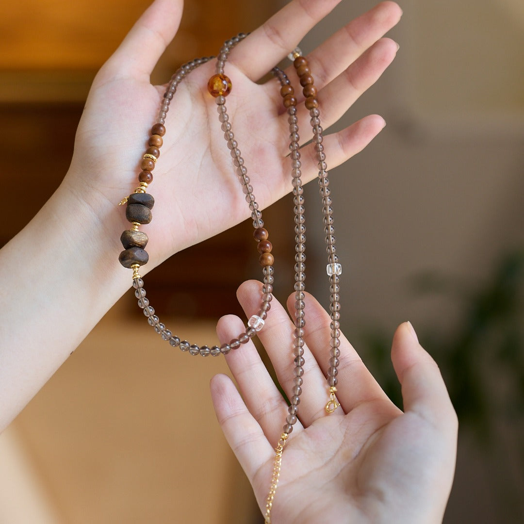 Smoky Quartz & Agarwood Beaded Wrap Bracelet