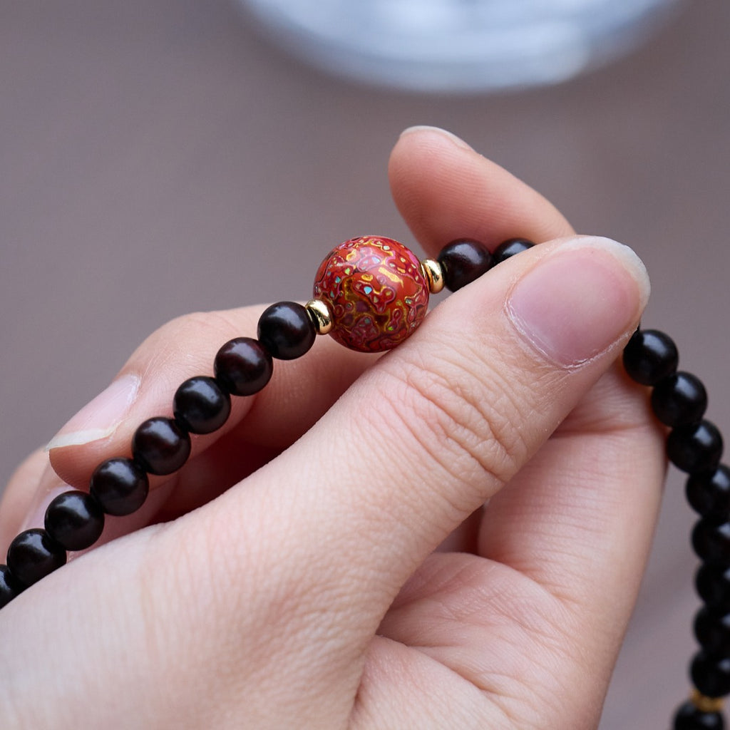 Red Sandalwood & Persimmon Bead Wrap Bracelet