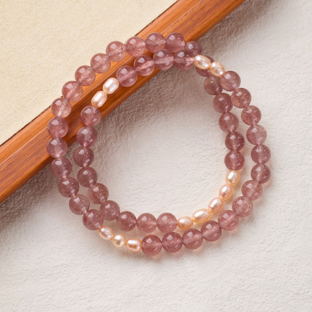 Strawberry Quartz & Pearl Double Loop Bracelet