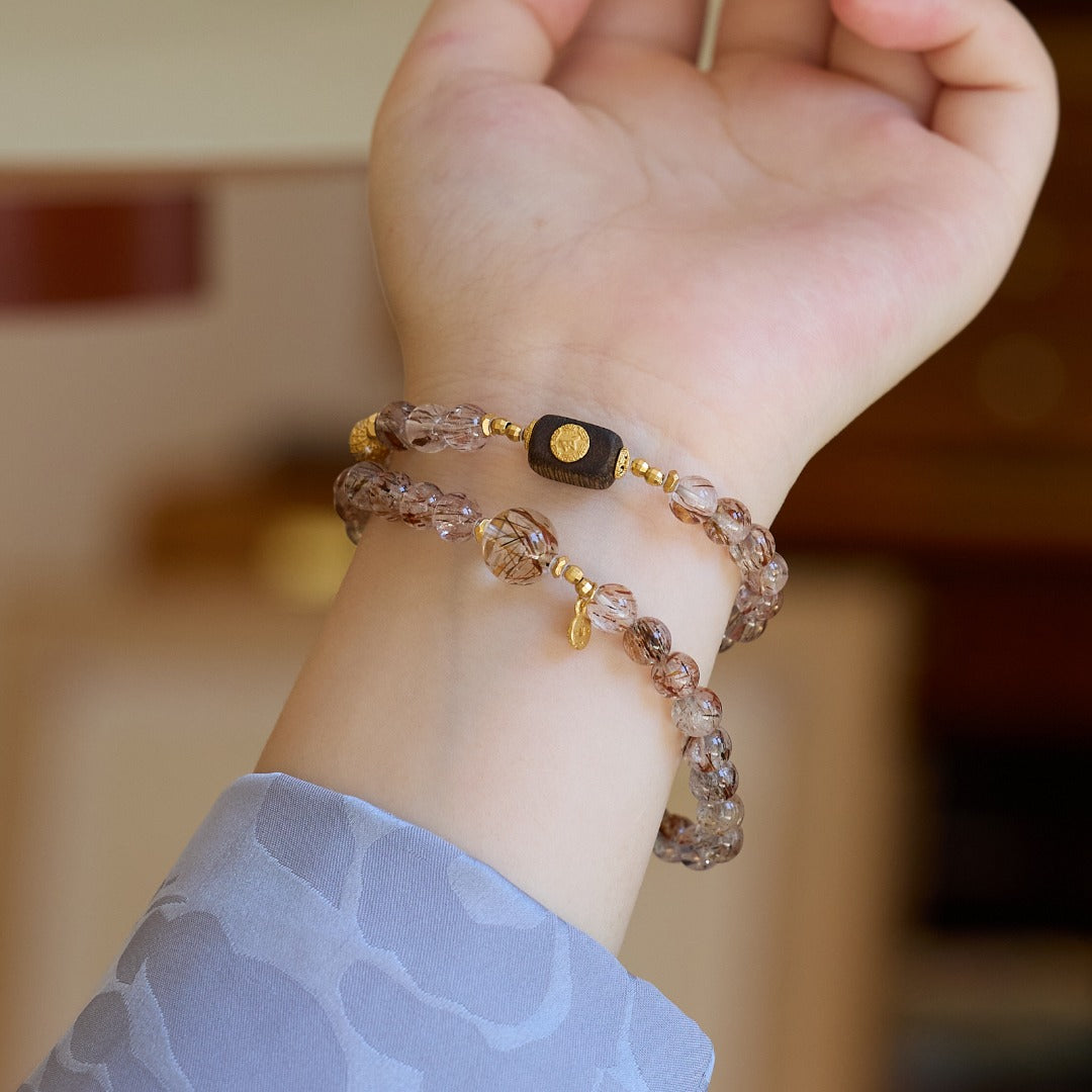 Super Seven & Rutilated Quartz Wood Bracelet
