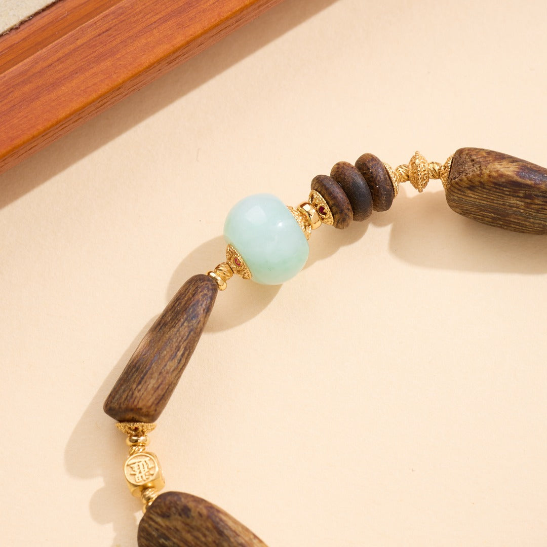 Agarwood, Jade & Rose Quartz Tassel Bracelet