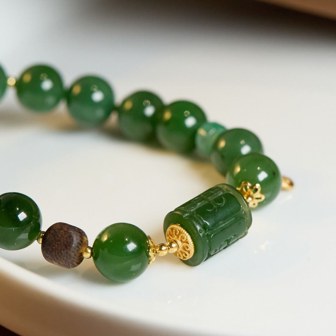 Spinach Green Hetian Jasper & Wood Bracelet
