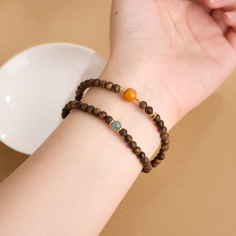 Agarwood & Amber Jade Wrap Bracelet