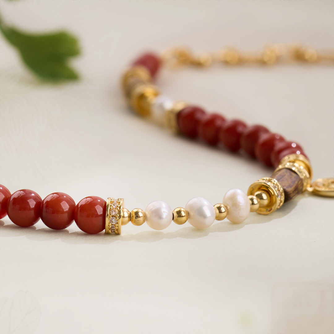 Red Agate, Agarwood & Pearl Bracelet